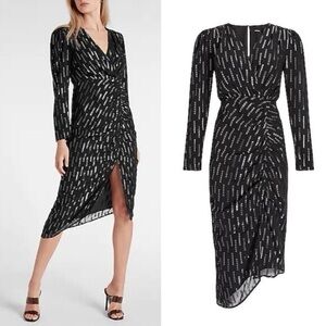 NWT Express Metallic Faux Wrap
Ruched Front Asymmetrical Midi
Dress Black XS